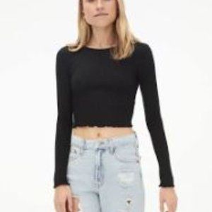 Bozzolo Cropped Top Womens Small Black Ruffle Trimmed Long Sleeve